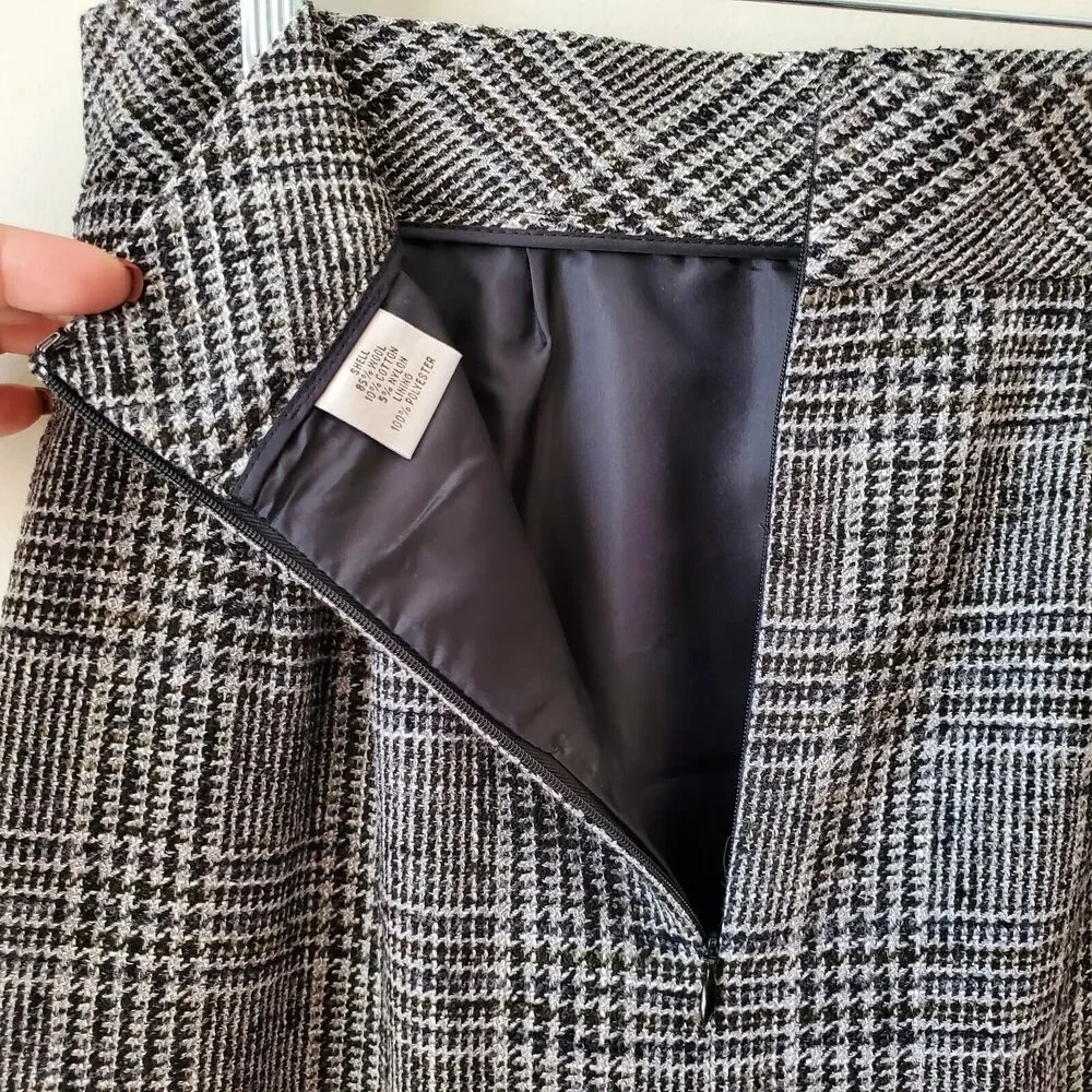 VTG 90s Gray Wool Tweed Houndstooth Pencil Skirt L 12 Retro Classic Old Money